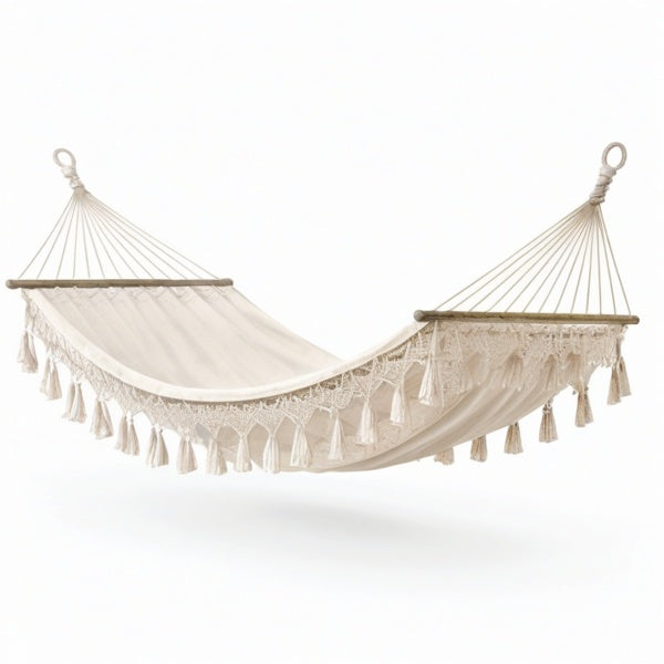 Amaca in cotone écru con macramè e barre in legno, 300 × 150 × 2 cm