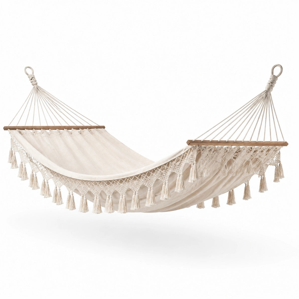 Amaca in cotone écru con macramè e barre in legno, 300 × 150 × 2 cm