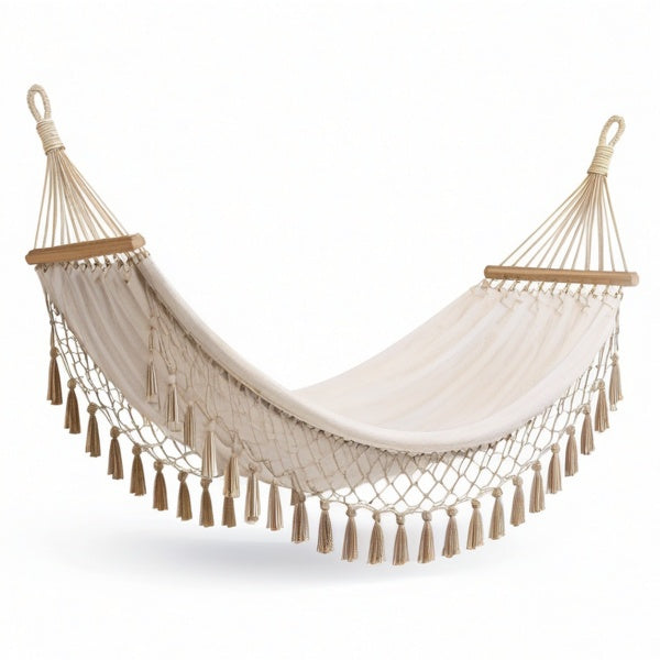Amaca beige con barre in legno e frange decorative, 300 × 100 × 2 cm