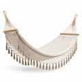 Amaca beige con barre in legno e frange decorative, 300 × 100 × 2 cm