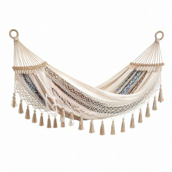 Amaca sospesa in cotone Beige, Nero e Marrone 200 × 100 × 2 cm con barre in legno e decorazioni bohémien