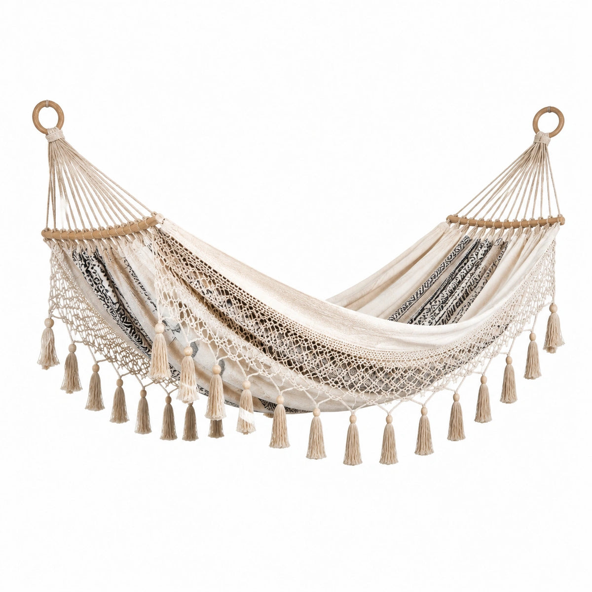 Amaca sospesa in cotone Beige, Nero e Marrone 200 × 100 × 2 cm con barre in legno e decorazioni bohémien