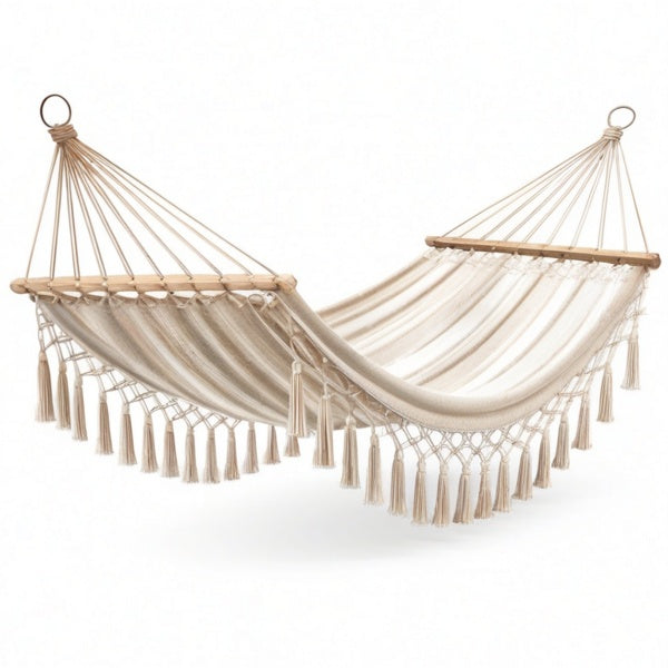 Amaca matrimoniale in cotone beige 300 × 150 × 1 cm con barre in legno e frange boho
