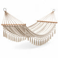 Amaca matrimoniale in cotone beige 300 × 150 × 1 cm con barre in legno e frange boho