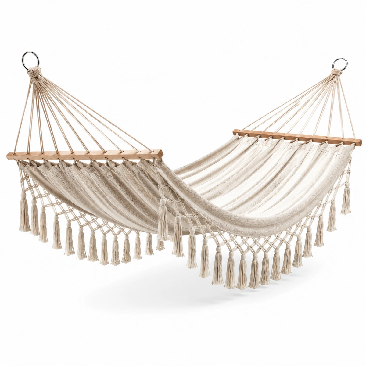 Amaca matrimoniale in cotone beige 300 × 150 × 1 cm con barre in legno e frange boho