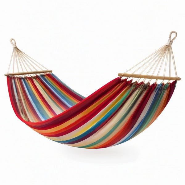 Amaca sospesa a righe multicolori con barre in legno, 300 x 100 x 3 cm