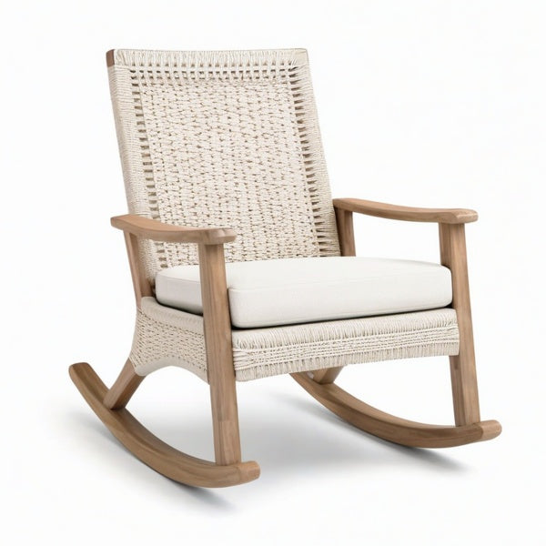 Poltrona a dondolo in legno e corda intrecciata beige e marrone chiaro, 72 × 92 × 103 cm, con seduta imbottita