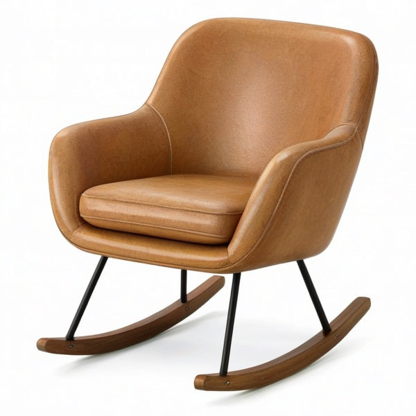 Poltrona a dondolo vintage in similpelle cognac con pattini in legno, 69 × 88 × 93 cm