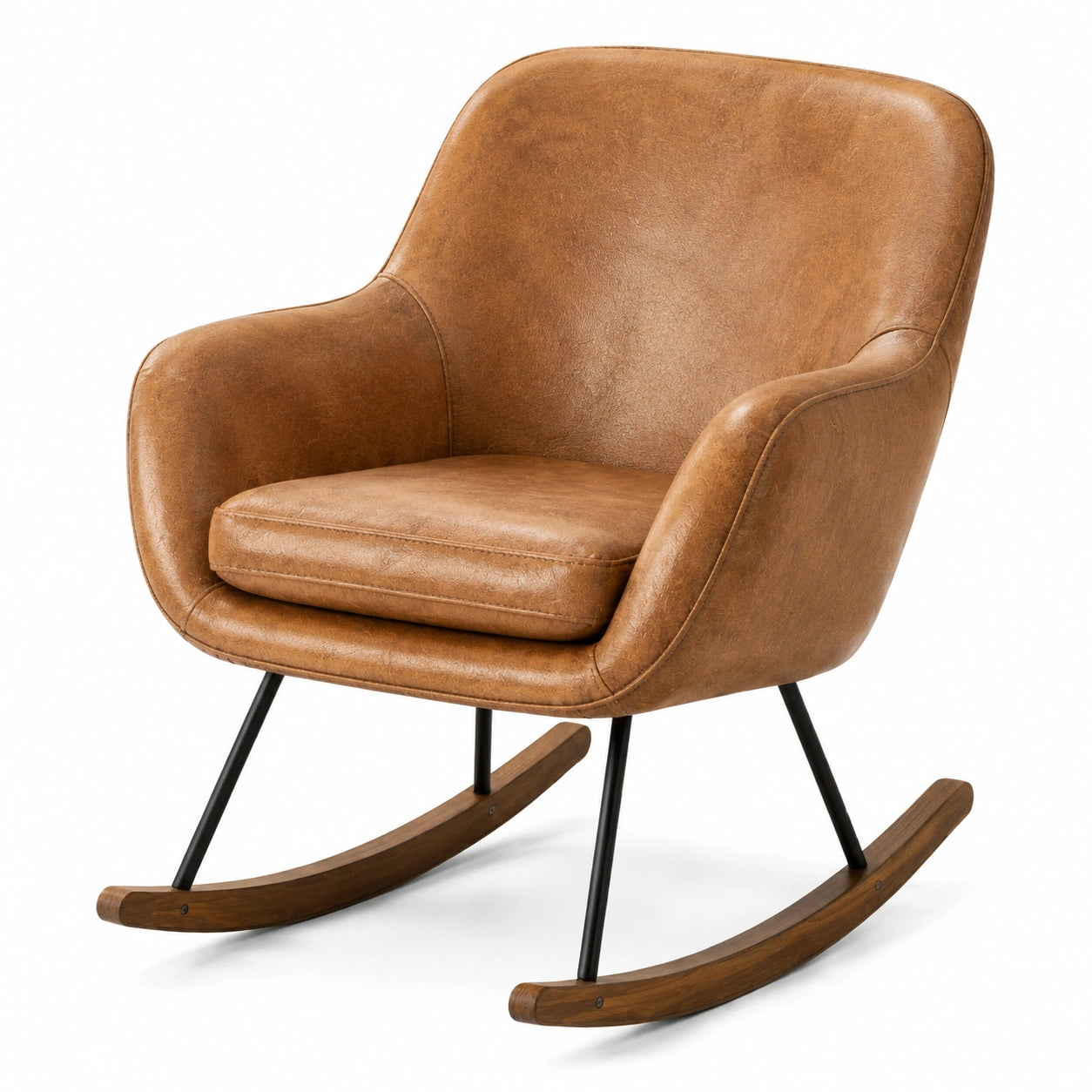 Poltrona a dondolo vintage in similpelle cognac con pattini in legno, 69 × 88 × 93 cm