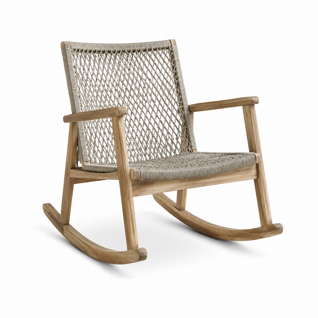 Poltrona a dondolo in legno naturale e corda beige con schienale alto, 70 × 90 × 100 cm