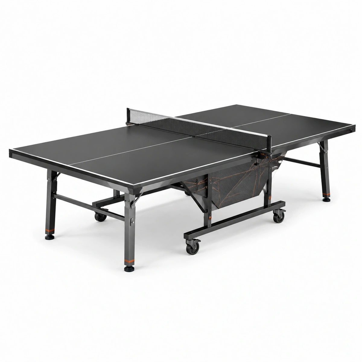 Tavolo da ping pong pieghevole da interno 274 × 152,5 × 76 cm, nero/grigio/arancione, con rete e ruote
