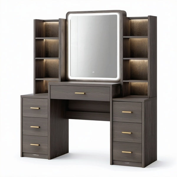 Toeletta moderna marrone scuro e oro 140 × 40 × 180 cm con specchio illuminato, 7 cassetti e 8 vani aperti