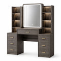 Toeletta moderna marrone scuro e oro 140 × 40 × 180 cm con specchio illuminato, 7 cassetti e 8 vani aperti