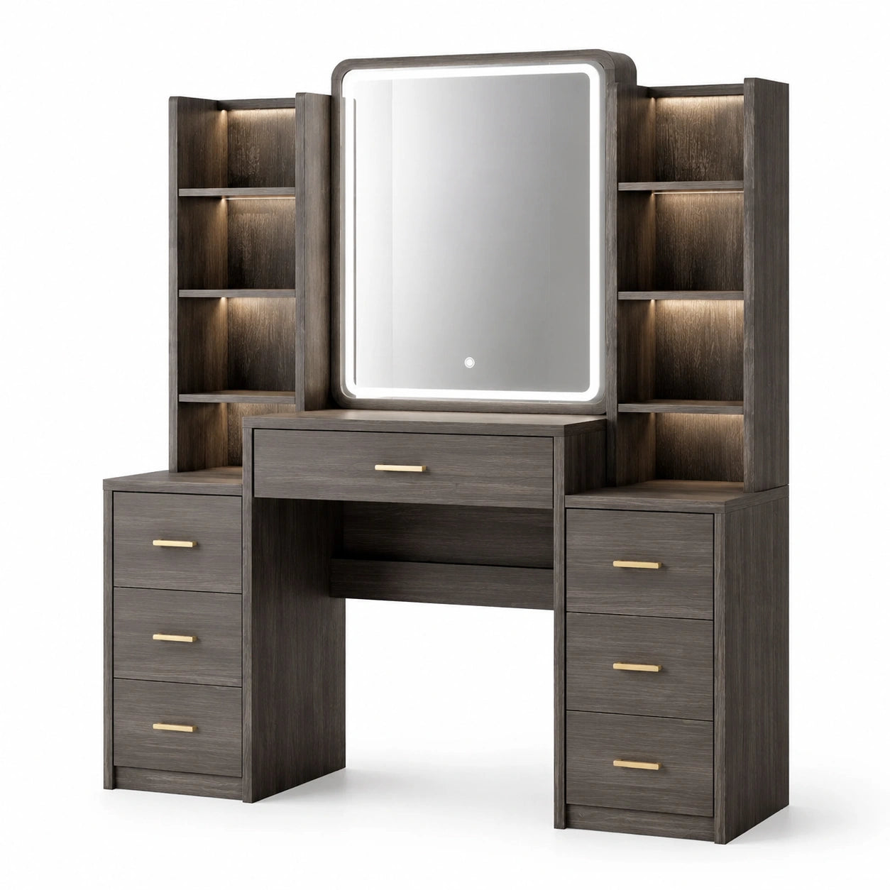Toeletta moderna marrone scuro e oro 140 × 40 × 180 cm con specchio illuminato, 7 cassetti e 8 vani aperti