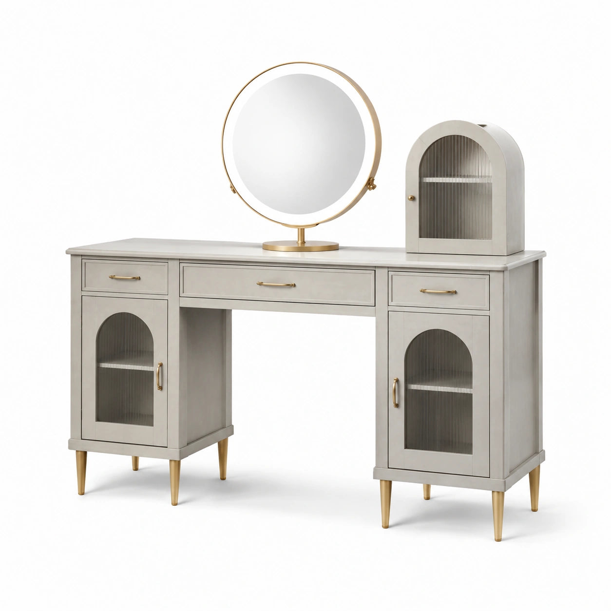 Set da toeletta a 3 pezzi grigio chiaro e oro, 120 × 40 × 79 cm, con specchio orientabile e vani portaoggetti