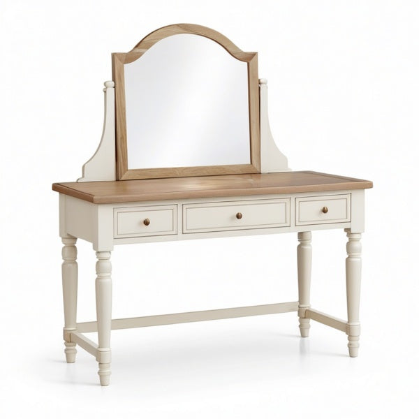 Toeletta con specchio e 3 cassetti, 120 × 50 × 145 cm, bianco crema e rovere naturale
