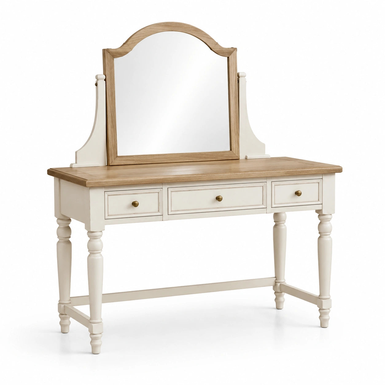 Toeletta con specchio e 3 cassetti, 120 × 50 × 145 cm, bianco crema e rovere naturale
