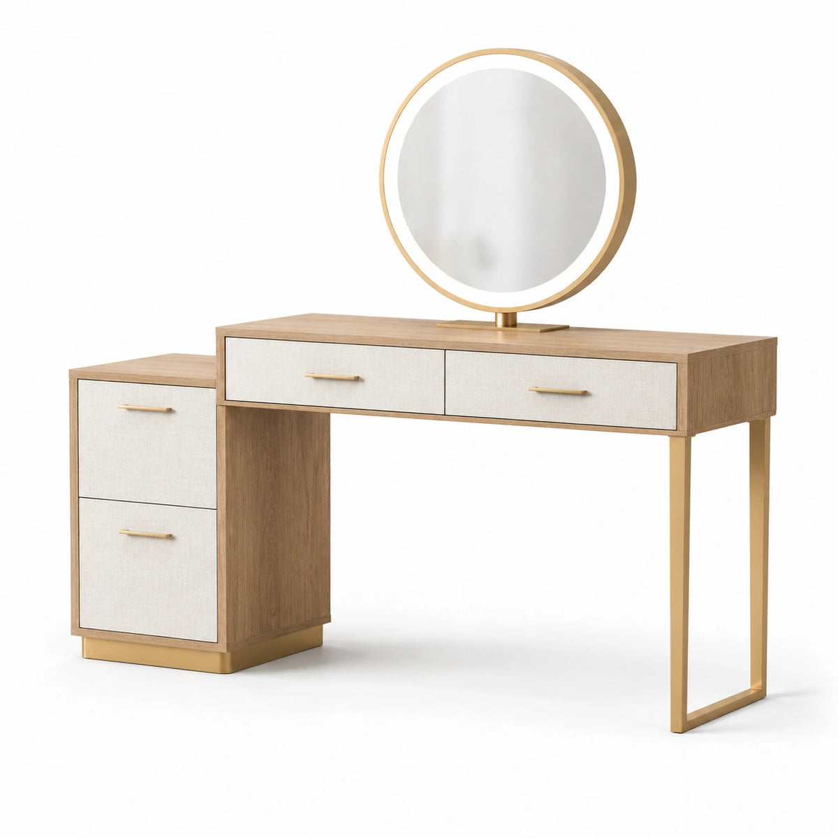 Toeletta moderna 120 × 40 × 140 cm in rovere chiaro, bianco e oro con specchio rotondo e 4 cassetti