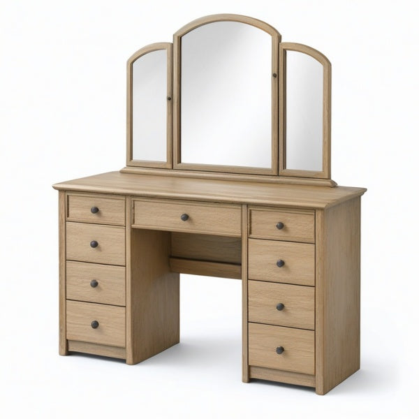 Toeletta in legno marrone chiaro con specchiera a tre pannelli e 9 cassetti, 120 × 45 × 150 cm