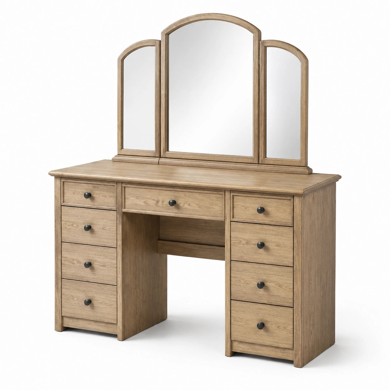 Toeletta in legno marrone chiaro con specchiera a tre pannelli e 9 cassetti, 120 × 45 × 150 cm