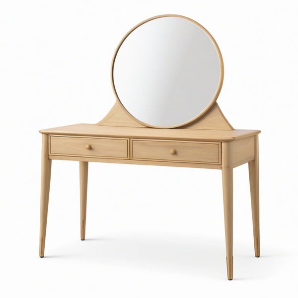 Toeletta moderna con specchio rotondo e 2 cassetti, 120 × 45 × 135 cm, marrone chiaro e oro
