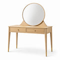 Toeletta moderna con specchio rotondo e 2 cassetti, 120 × 45 × 135 cm, marrone chiaro e oro