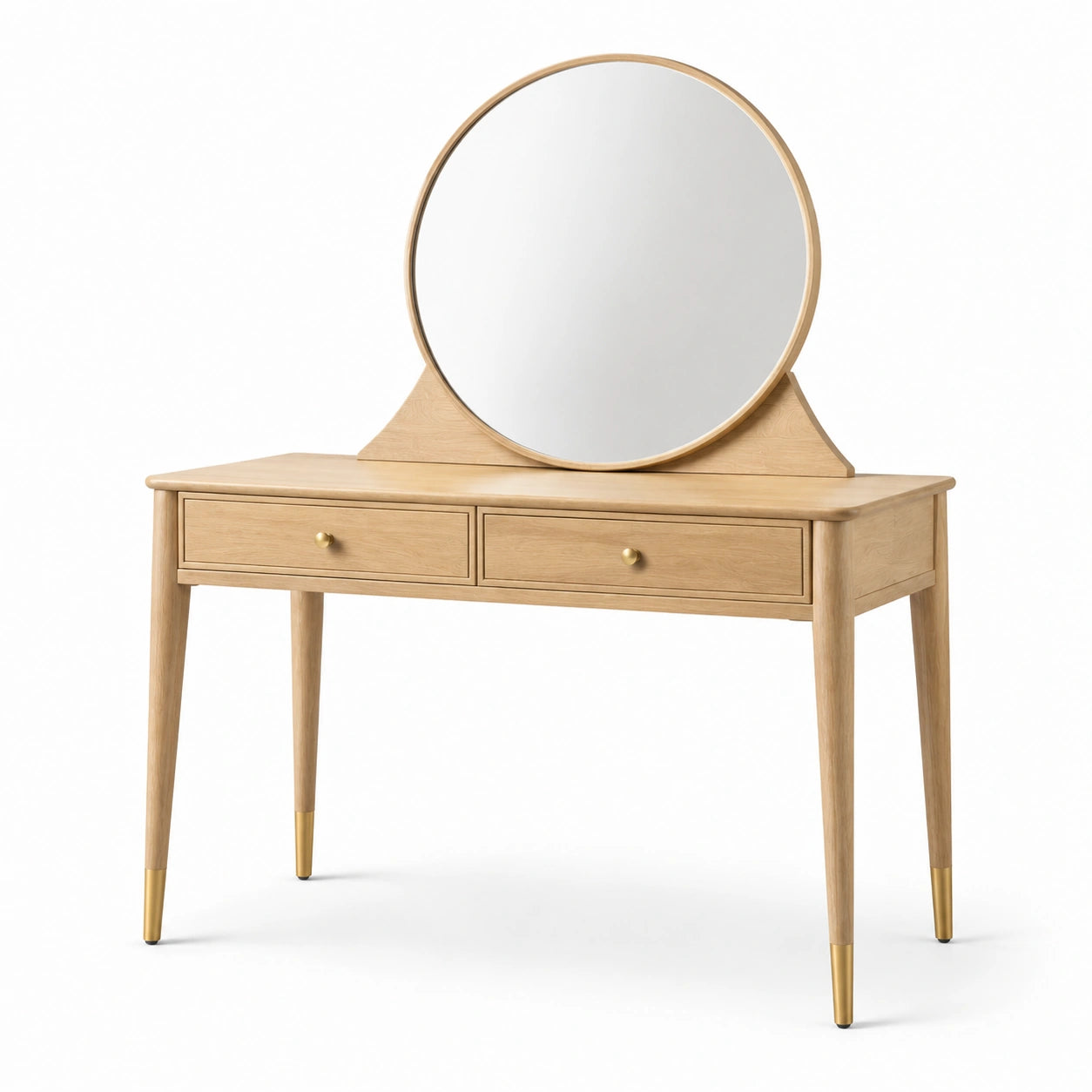 Toeletta moderna con specchio rotondo e 2 cassetti, 120 × 45 × 135 cm, marrone chiaro e oro