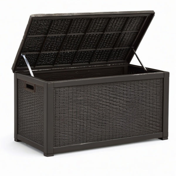 Baule portaoggetti da esterno in resina marrone scuro effetto rattan, 120 × 55 × 60 cm, con coperchio sollevabile