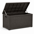 Baule portaoggetti da esterno in resina marrone scuro effetto rattan, 120 × 55 × 60 cm, con coperchio sollevabile
