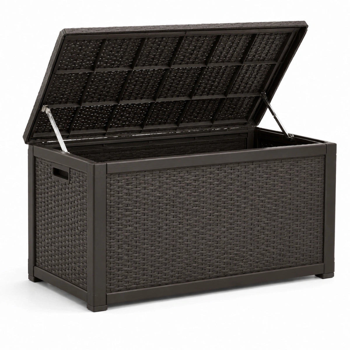 Baule portaoggetti da esterno in resina marrone scuro effetto rattan, 120 × 55 × 60 cm, con coperchio sollevabile