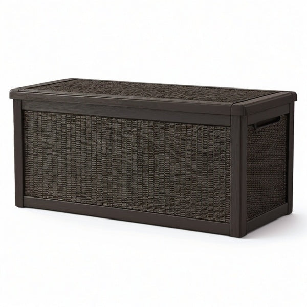 Baule contenitore da esterno in resina marrone scuro effetto rattan, 155 × 72 × 64 cm, con coperchio