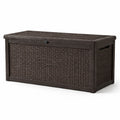 Baule contenitore da esterno in resina marrone scuro effetto rattan, 155 × 72 × 64 cm, con coperchio