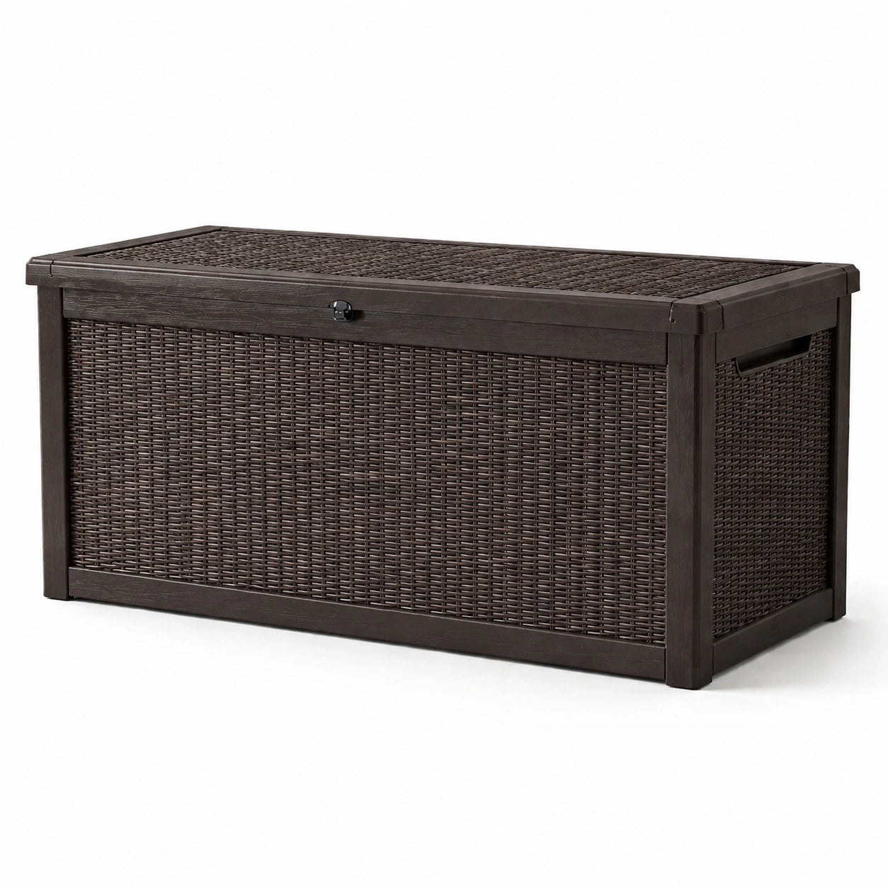 Baule contenitore da esterno in resina marrone scuro effetto rattan, 155 × 72 × 64 cm, con coperchio