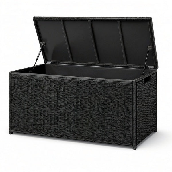 Baule portaoggetti da esterno in polyrattan nero con coperchio sollevabile, 122 × 56 × 61 cm