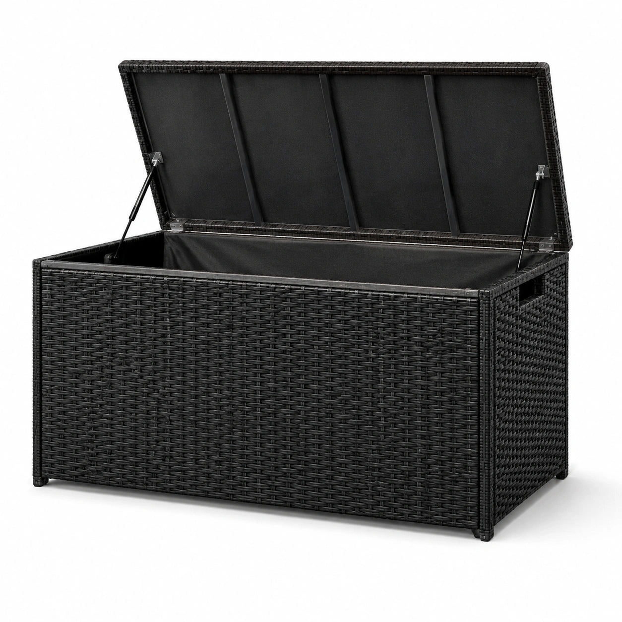 Baule portaoggetti da esterno in polyrattan nero con coperchio sollevabile, 122 × 56 × 61 cm