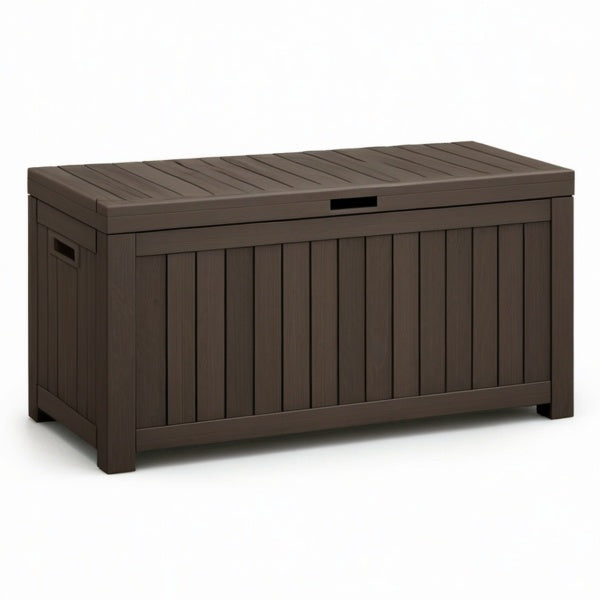 Baule da esterno in resina marrone scuro effetto legno con coperchio, 120 × 55 × 60 cm