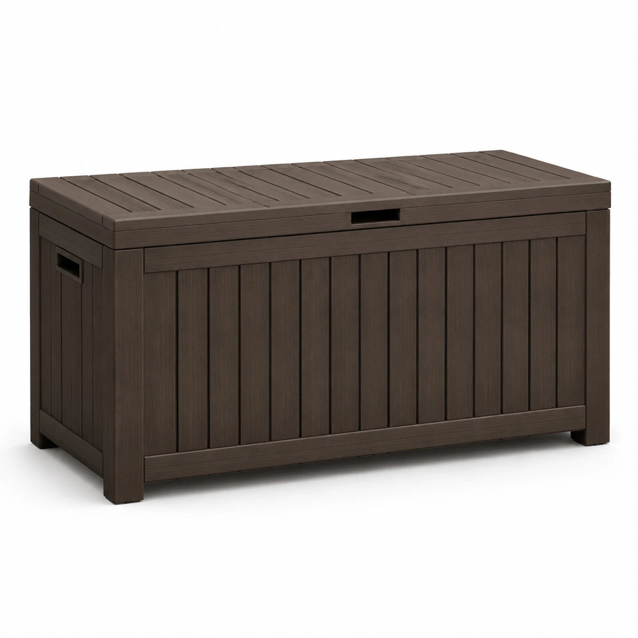 Baule da esterno in resina marrone scuro effetto legno con coperchio, 120 × 55 × 60 cm