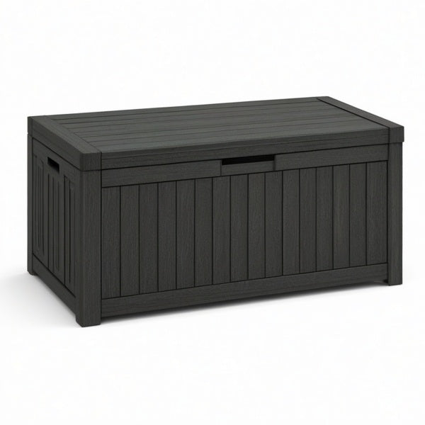 Baule portaoggetti da esterno in resina antracite effetto legno con coperchio, 120 x 55 x 60 cm