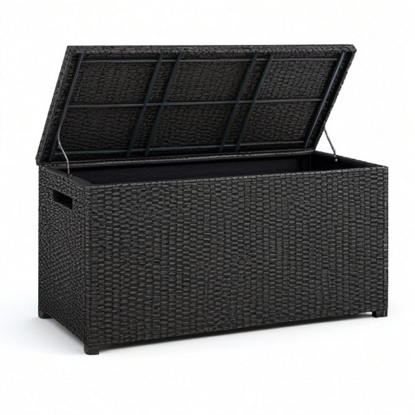 Baule portaoggetti da esterno in polyrattan nero con coperchio sollevabile, 150 × 77 × 73 cm