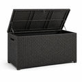 Baule portaoggetti da esterno in polyrattan nero con coperchio sollevabile, 150 × 77 × 73 cm