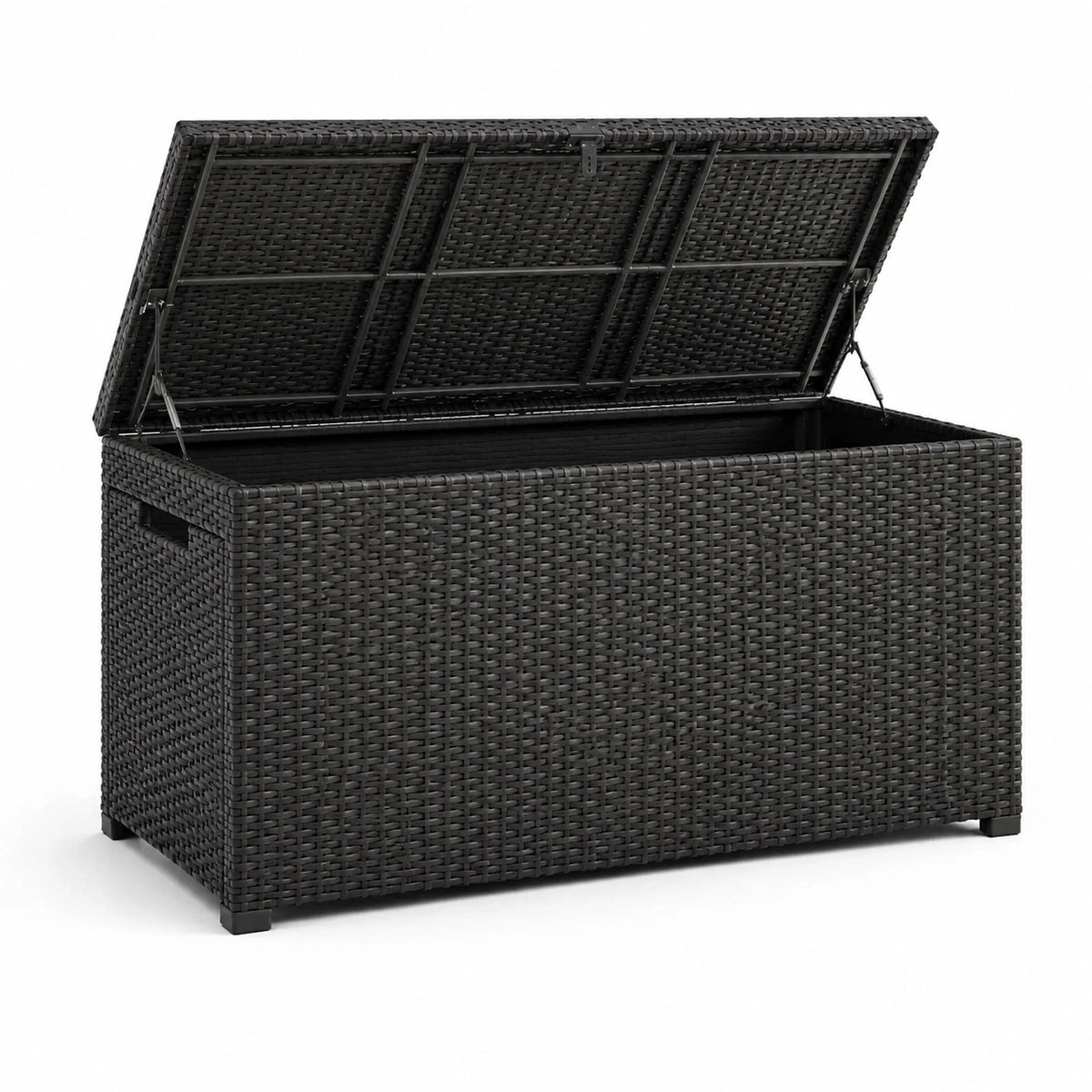 Baule portaoggetti da esterno in polyrattan nero con coperchio sollevabile, 150 × 77 × 73 cm