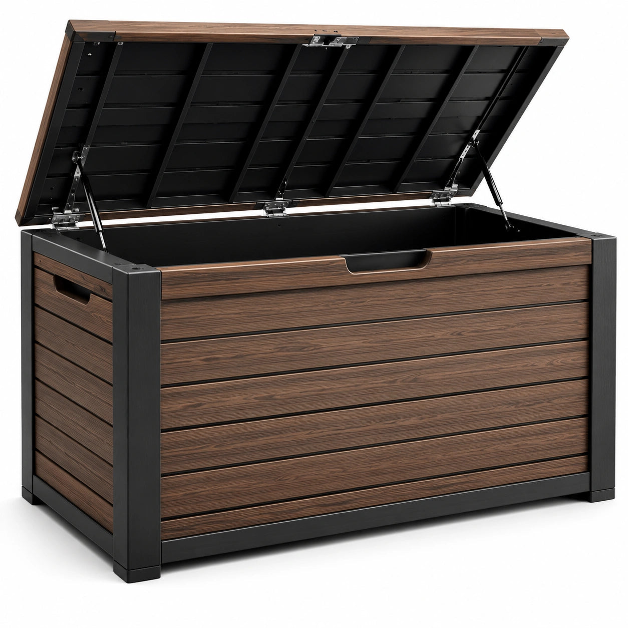 Cassapanca da esterno in resina marrone e nera con coperchio sollevabile, 150 × 70 × 85 cm