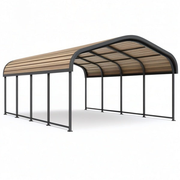 Carport doppio in acciaio nero con copertura curva in policarbonato bronzo, 600 × 600 × 290 cm