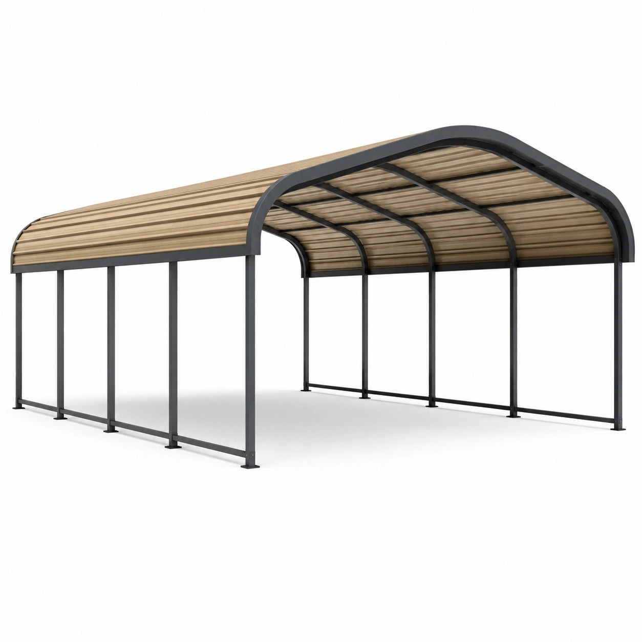 Carport doppio in acciaio nero con copertura curva in policarbonato bronzo, 600 × 600 × 290 cm