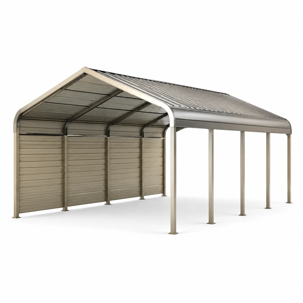 Carport per auto in acciaio grigio e tortora 600 × 300 × 250 cm con tetto a due falde e pannelli laterali