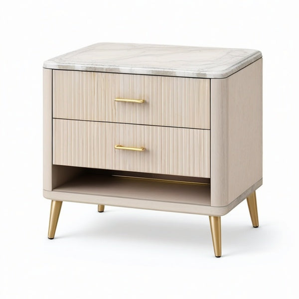 Comodino contemporaneo in legno beige 60 × 40 × 65 cm con piano bianco effetto marmo, 2 cassetti e dettagli dorati