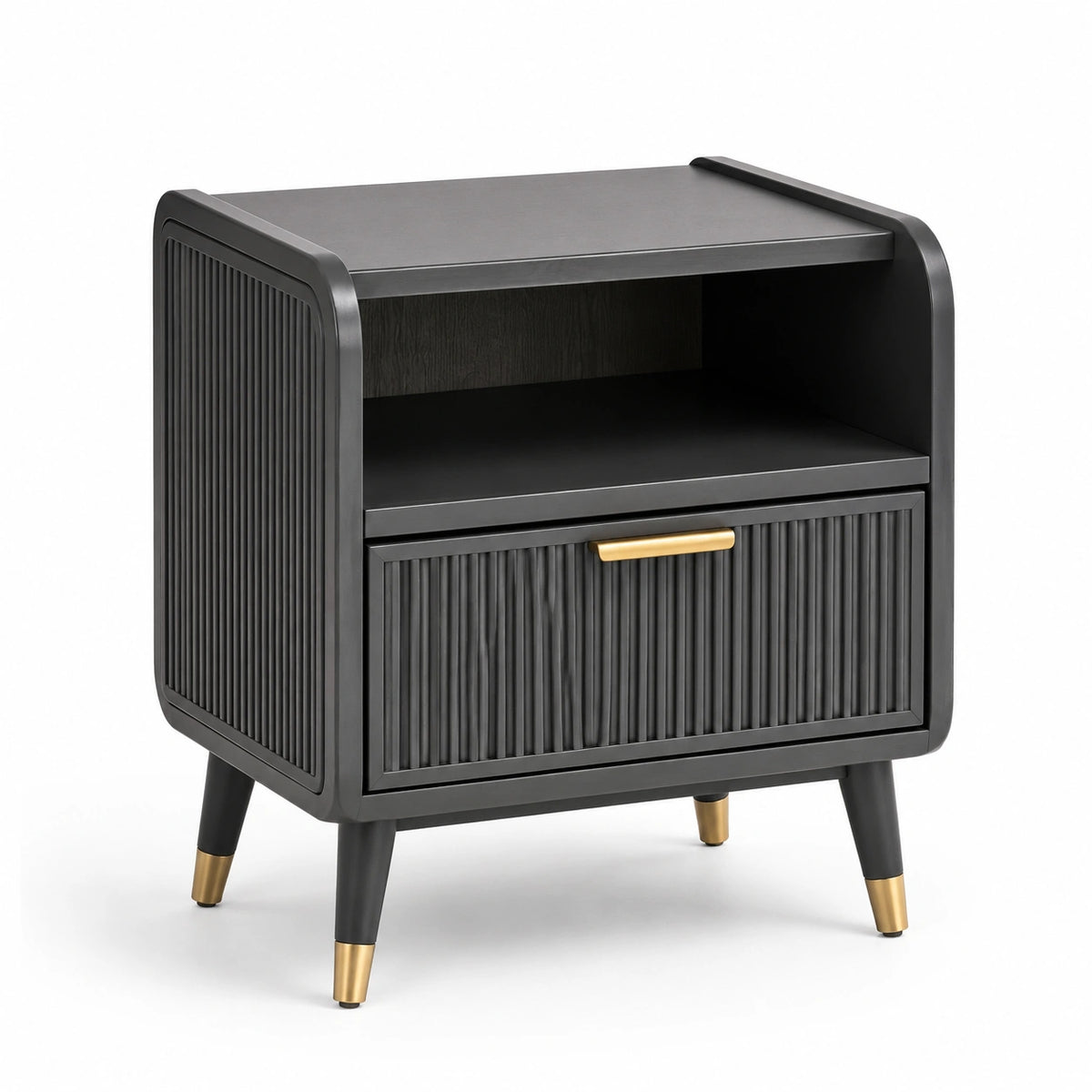 Comodino moderno in legno nero con dettagli oro, cassetto e vano aperto, 50 × 40 × 60 cm