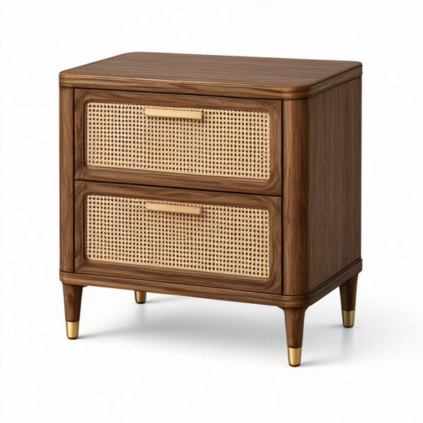 Comodino con 2 cassetti in legno marrone e rattan naturale con dettagli dorati, 60 × 42 × 62 cm