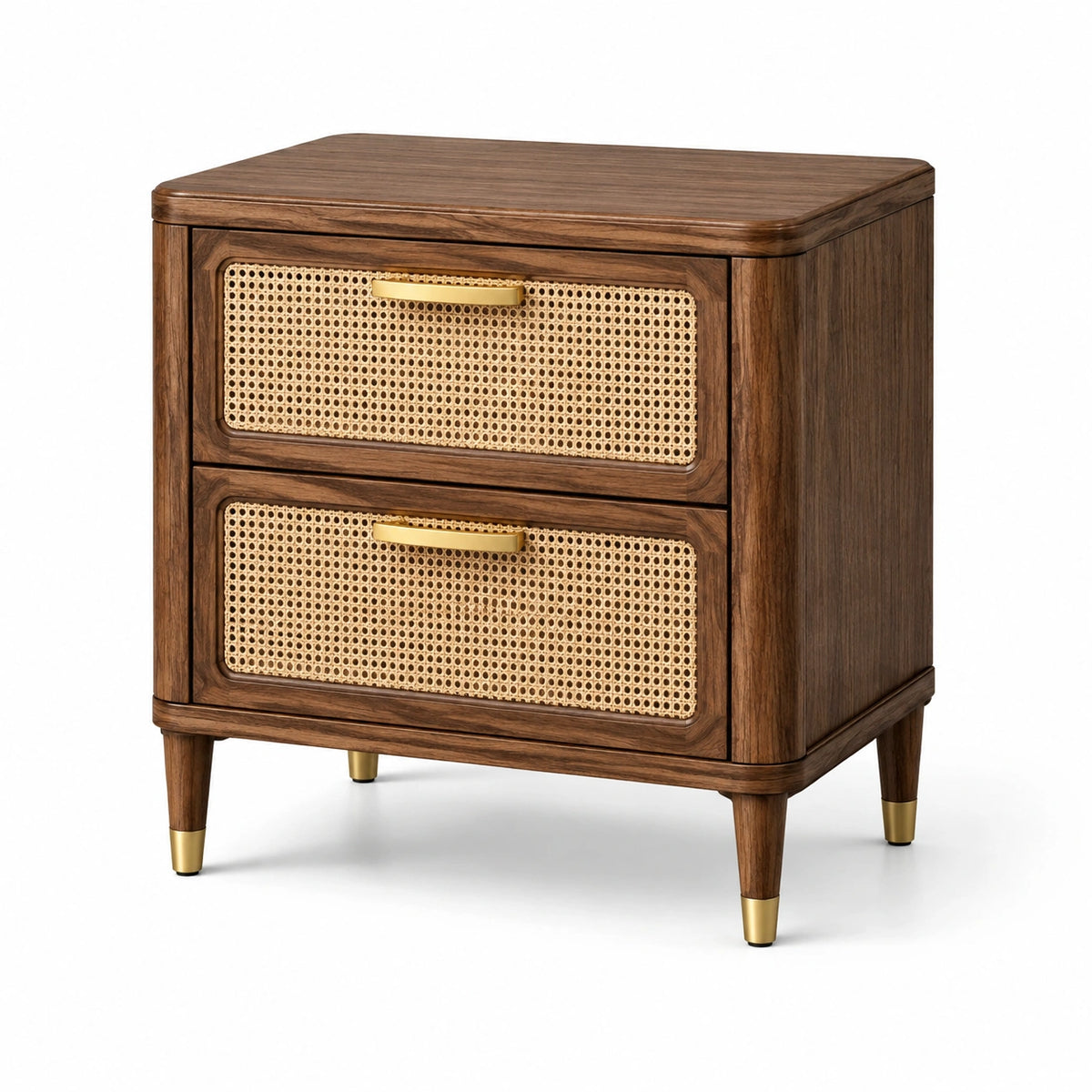Comodino con 2 cassetti in legno marrone e rattan naturale con dettagli dorati, 60 × 42 × 62 cm
