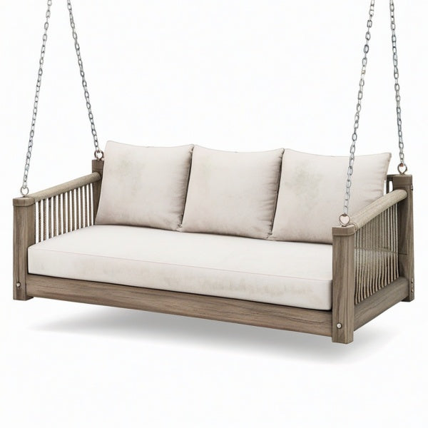 Seduta sospesa a tre posti 180 × 85 × 65 cm in legno con cuscini beige e finitura marrone